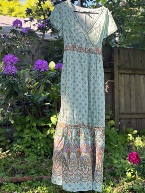 April Cornell Faux Wrap Mint Green Boho Printed Maxi Dress | 100% Cotton